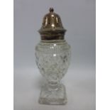 George Unite Edwardian silver topped cut glass sugar caster with stepped square cut base,