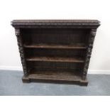 Carved oak bookcase with two adjustable shelves, the side columns carved with Lion masks,