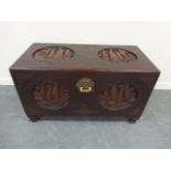 Camphor wood chest with Oriental carving, inner tray, lock & key, 101x50x57.5cms.