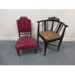 Ebonised and inlaid 19thC corner chair with rush seat,