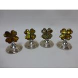 Set of four silver menu holders with inset Paua shell Irish four leaved clovers,