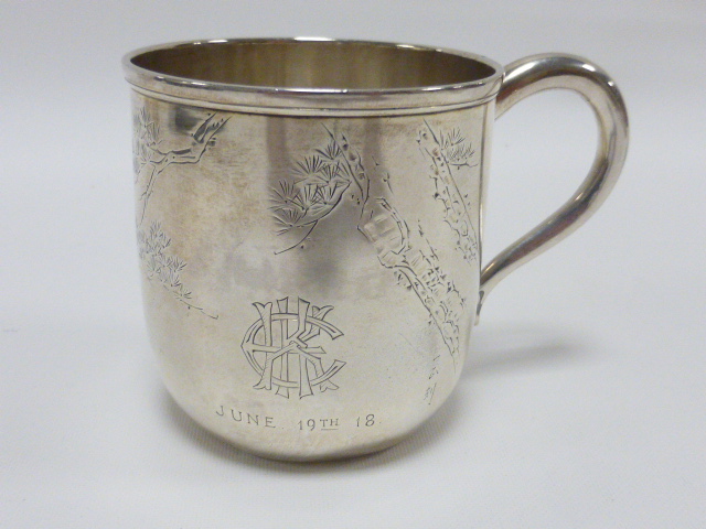 Japanese silver cup with engraved foliate decoration, initialled and dated June 19th 18..