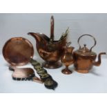 Assorted copper & brass fireside items inc coal scuttle, kettle, martingale with various brasses,