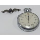 Silver RAF sweetheart brooch with enamel and marcasite, together with an Aristo military stopwatch.