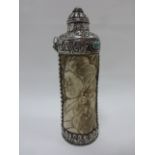 Large silver and metal snuff bottle with carved figural bone panels and cabochon turquoise stones,
