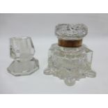 Early 20thC cut glass inkwell together with a cut glass match holder/striker.