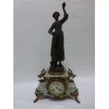 French marble mantle clock with gilt metal decoration and spelter figure atop of a peasant girl