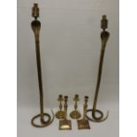 Two tall brass candlesticks in the form of Cobras, 82 & 88cms in height,