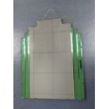 Art Deco mirror with green and clear bevelled glass, 69x54.5cms.