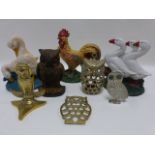 Four cast iron door stops (3 painted) Owl, Geese, Ducks and a Cockerel,