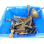 Box of vintage tools & metalware including French bottlewasher.