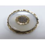 Victorian 9ct gold (tested) brooch with central mourning hair locket on a chalcedony plaque, 4.1x3.