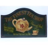 Large wooden painted sign "The Finest Tea Shop" 65 x 100cm.