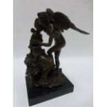 Cast Bronze figure of Cupid embracing Psyche who is seated on a rock, raised on marbled plinth,