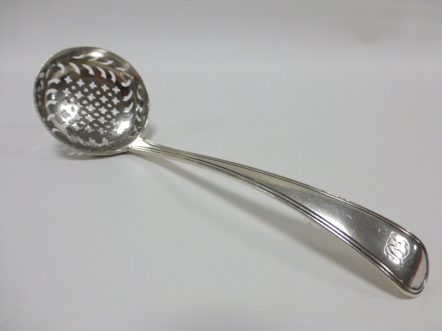 George III silver caster spoon hallmarked London 1795 probably by maker Richard Crossley, 53.9g.