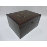 Large Rosewood effect lockable box with floral and foliate decoration to top, 38x30x20cms.