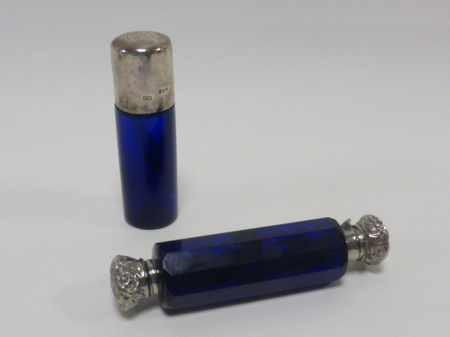 Two Victorian Bristol Blue scent bottles, one by Sampson Mordan hallmarked London 1882,