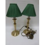 Pair of Laura Ashley brass table lamps with green pleated shades.