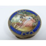 Italian 800 silver gilt powder compact with enamelled figural scene to hinged lid and having a