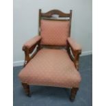 Early 20thC oak upholstered open armchai