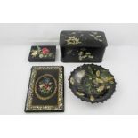 A VICTORIAN JAPANNED PAPIER MACHE DESK PAPER HOLDER, decorated with abalone, mother-of-pearl and
