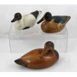 THREE CARVED, PAINTED AND STAINED WOOD DECOY DUCK TYPE ORNAMENTS, largest 22cm long