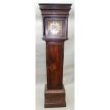 A GEORGE III ELM LONGCASE CLOCK with flat top and turned column decorations, the square 9" dial with