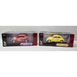 YATMING 1:18 SCALE DIE-CAST MODEL OF VW BEETLES, one being 1967 flower power beetle the other 1967