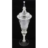 AN 18TH CENTURY DESIGN COVERED GOBLET raised on hexagonal cotton twist stem and circular platform