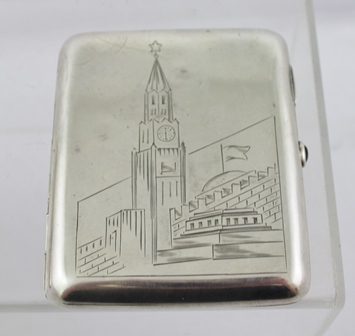 THREE RUSSIAN SILVER CIGARETTE CASES each with engraved decoration, two with polished cabochon inset - Image 4 of 6