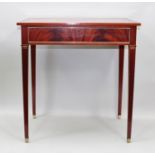 A REGENCY DESIGN SEWING TABLE, having quarter veneered flame mahogany top, fitted frieze drawer,