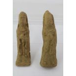 A PAIR OF CHINESE SUNG DYNASTY FLAT BACK MALE AND FEMALE POTTERY TOMB FIGURES, in formal robes, 18cm