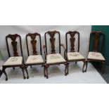 A SET OF TEN GEORGIAN DESIGN MAHOGANY FIDDLE BACK DINING CHAIRS, having drop-in seats over