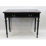 A LATE 19TH CENTURY EBONISED FOLD-OVER CARD TABLE, having faux drawer with brass handles, raised