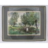 WILLIAM EVANS LINTON A river landscape with meadows and hatch, a Watercolour, signed and inscribed