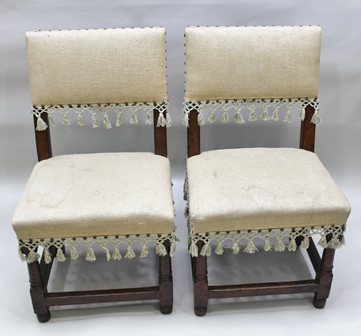 A PAIR OF LATE 17TH CENTURY HIGH BACK STOOL DESIGN CHAIRS, having upholstered seats and backs,