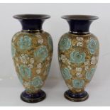 A PAIR OF ROYAL DOULTON SLATER'S PATENT STONEWARE VASES of baluster form, painted and gilded