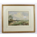 DAVID BATES (1840-1921) Extensive meadow landscape with sheep, Watercolour painting, signed, 24cm