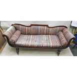 AN EARLY 19TH CENTURY REGENCY DESIGN MAHOGANY SCROLL END SOFA with shaped back, striped fabric