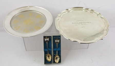 TWO SILVER SALVERS, one inscribed "Charles Corney 1974", and the other for "Charles & Diana