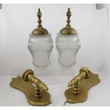 A PAIR OF DECORATIVE WALL LIGHTS, moulded and frosted glass shades with gilded cast metal finials,