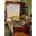 A 19TH CENTURY DESIGN MAHOGANY HALF TESTER DOUBLE BED having deep serpentine footboard with turned