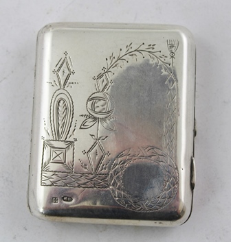 THREE RUSSIAN SILVER CIGARETTE CASES each with engraved decoration, two with polished cabochon inset - Image 5 of 6