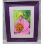 TREVOR J. BROWN "Mrs McPussy Cat" pastel drawing, signed, 56cm x 37cm, in purple painted glazed