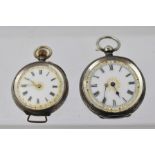 TWO CONTINENTAL WHITE METAL LADY'S FOB WATCHES, having engraved decoration, white enamel dials