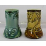 TWO MINTON'S SECESSIONIST VASES, one green ground, one yellow ground, both with stylised floral