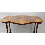 A VICTORIAN WALNUT SERPENTINE TOP OCCASIONAL OR CENTRE TABLE having inlaid decoration raised on
