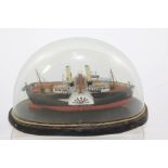 A SCRATCH BUILT MODEL OF A TWO-FUNNEL PADDLE STEAMER, on an ebonised base under a glass dome, 22cm x