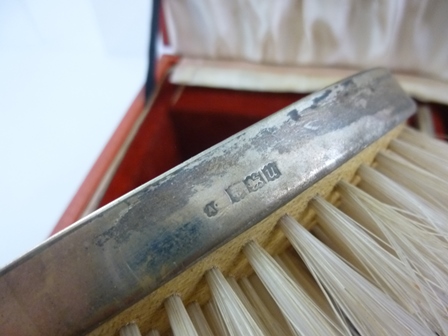 ALBERT CARTER A GENTLEMAN'S SILVER BRUSH SET having engine turned backs and monogrammed, - Image 2 of 3