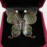 AN EDWARDIAN PLIQUE-a-JOUR BUTTERFLY BROOCH, with double pearl antenna and six coloured enamels